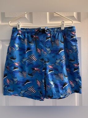 Reel Legends Blue Marlin & American Flag Swim Trunks